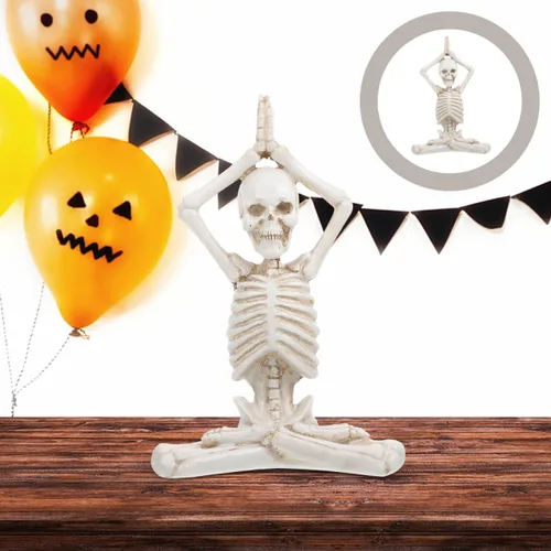 Vista 2 de LIFKOME Juego de aldea de Halloween, figura de esqueleto de yoga, estatua de esqueleto de yoga, meditación de Halloween, decoración de mesa de yoga