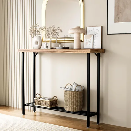 Vista 5 de Acovy Mesa consola industrial de madera maciza, mesa de entrada de 2 niveles con estantes de almacenamiento, mesa de sofá estrecha para sala