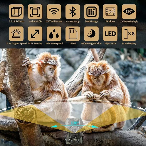 Vista 2 de Cámara WiFi801Pro Trail 4K/30MP con visión nocturna, conectividad WiFi Bluetooth, movimiento activado impermeable, gran angular de 120° para caza