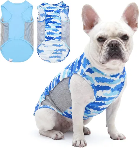 Vista 26 de Camiseta para perro con protección solar UPF 50+, paquete de 2 chalecos ligeros sin mangas para perros pequeños y niñas, tiras reflectantes, ropa