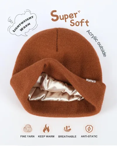 Vista 3 de Hat Hut Gorro de invierno con forro de satén para niños pequeños, gorro de punto con puños y forro de seda
