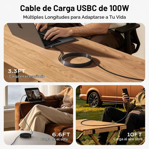 Vista 8 de Cable USB C a USB C de 3 pies, paquete de 3 unidades, 100 W, tipo C a C Negro