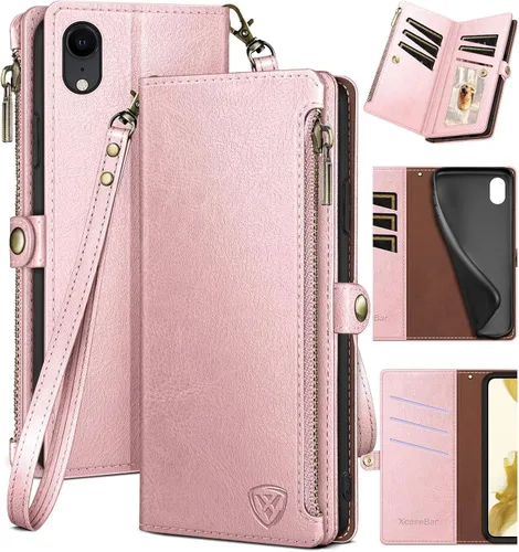 Vista 12 de XcaseBar Funda tipo cartera para iPhone XR de 6.1 pulgadas con bloqueo RFID, soporte para tarjetas de crédito con cremallera, funda de piel