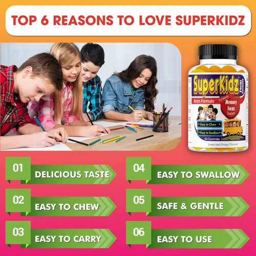 Vista 3 de Superkids - Gomitas de enfoque para niños con Omega 3 DHA, gomitas de apoyo cerebral para niños y adolescentes, gomitas de memoria y concentración