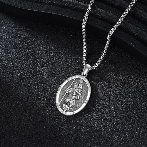 Vista 2 de Collar de Santo Patrón Plata de Ley 925 Colgante Medallón Amuleto Ovalado con Cadena de 22+2 Pulgadas Regalo de Joyería para Hombres y Mujeres