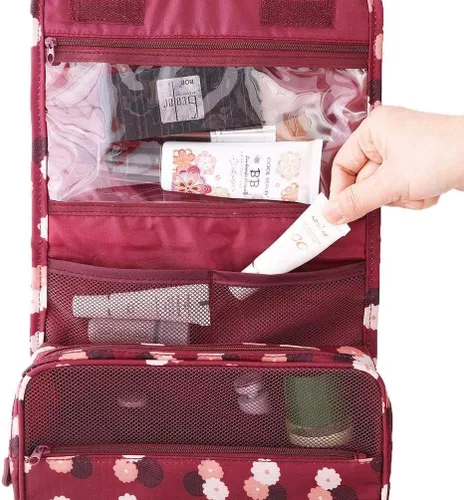 Vista 2 de Axgo Multifuncional cosmético portátil viaje plegable maquillaje bolsas de aseo con gancho, rojo