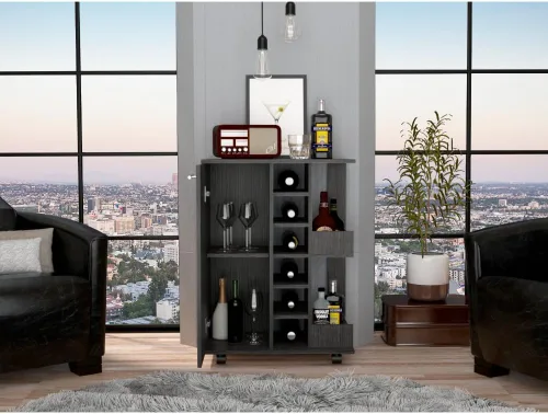 Vista 4 de Tuhome Furniture Carrito de bar con ruedas para vino y licor con puerta, 2 estantes cerrados, 6 cubos y 2 estantes laterales de exhibición
