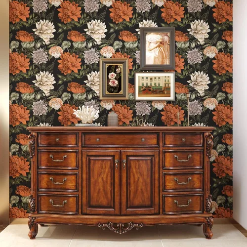 Vista 6 de Papel tapiz bohemio floral para despegar y pegar, papel de contacto vintage y naranja de 17.5 x 118 pulgadas, papel de pared moderno de flores Negro