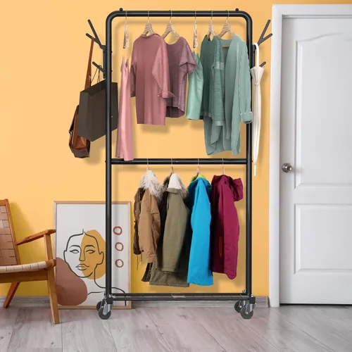 Vista 3 de Simple Houseware - Perchero de doble varilla con ruedas y ganchos, color negro Organizador de perchero de metal resistente