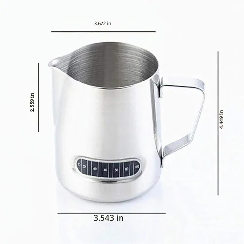 Vista 5 de Jarra de espuma de leche de 21 oz (20.3 fl oz) con termómetro integrado, jarra Latte Art de acero inoxidable, jarra de crema de temperatura expreso