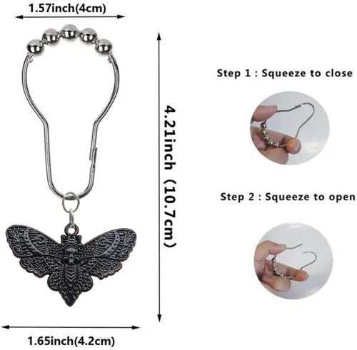 Vista 2 de Anillos de cortina de ducha con cabeza de muerte de calavera de Hawkmoth, 12 piezas de polilla muerta con cara de calavera para Halloween, anillos