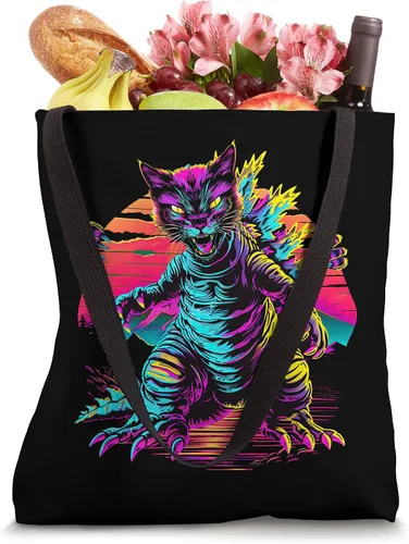 Vista 4 de Streetwear Synthwave 80s 90s Catzilla graphic Cat Japanese Tote Bag
