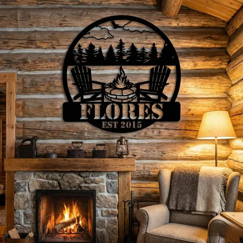 Vista 5 de Customizable Metal Sign for Your Perfect Mountain Getaway - Featuring Fire Pit and Scenic View, Personalized Family Badge with Fire Pit - Create