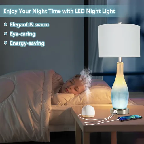Vista 3 de BesLowe Juego de 2 lámparas de mesa de cristal de 26 pulgadas de alto con 2 puertos de carga USB y luz nocturna LED, lámparas de mesa costeras