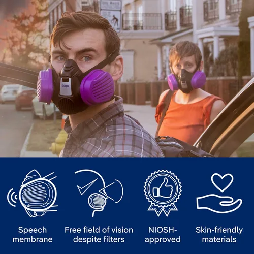 Vista 6 de Dräger X-plore 3500 half-face respirator mask with P100 particle filters against smoke particles from wildfire