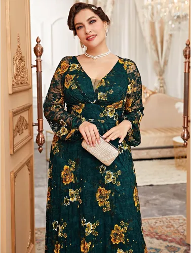 Vista 6 de TOLEEN Vestido de talla grande para mujer, con cuello en V, bordado de rosa, elegante, formal, maxi vestidos