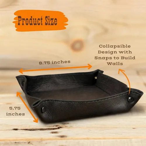 Vista 3 de Yoder Leather Company Bandeja de valet de cuero genuino hecha a mano – Bandeja de dados plegable para juegos de rol, mesa, monedas, llaves y Negro