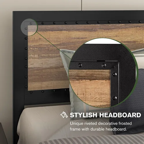 Vista 3 de MUTICOR Base de cama matrimonial con cabecera de madera, plataforma de estilo industrial con decoración de remaches y diseño esmerilado, base