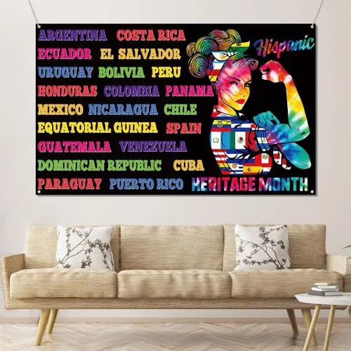 Vista 2 de Sunwer Decoración de fondo para cabina de fotos del mes de la herencia hispana, decoración de cultura de países latinos, decoración de mujeres, aula
