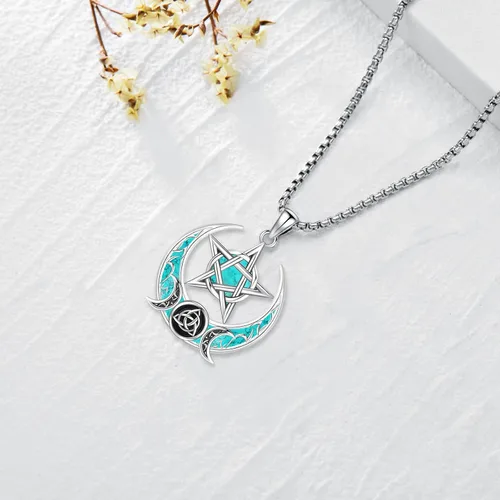 Vista 184 de Collar de pentagrama de plata de ley con triple luna, diosa celta, nudo celta, nudo de brujas, Ankh, sol y luna, Hécate, lilith, Santa Muerte