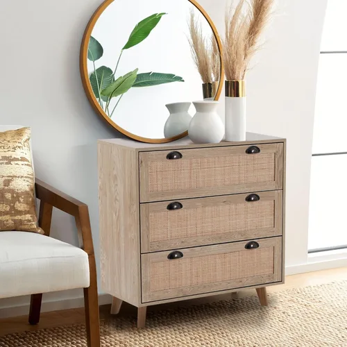 Vista 2 de Sophia & William Mueble de ratán Boho Cómoda de 3 cajones Mesita de noche de ratán
