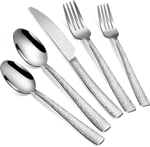 Vista 13 de Juego grande de utensilios de servir para anfitriona, cucharas de servir martilladas de acero inoxidable resistentes, cucharas ranuradas, tenedor