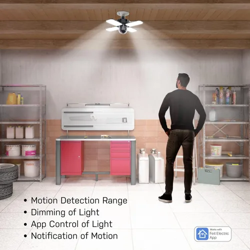 Vista 5 de Feit Electric Luz LED de techo de garaje con cámara, luz de garaje de seguridad inteligente WiFi 2.4GHz, base E26 atornillada, sensor de movimiento