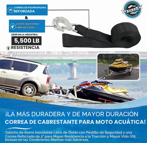 Vista 3 de WavesRx Correa de cabrestante de remolque de jet ski de 2"x12' con gancho de acero inoxidable y lazo de remolque de proa de conexión rápida Correa