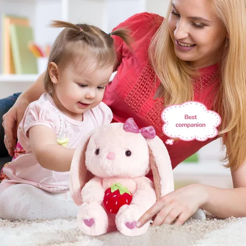 Vista 3 de Conejo de Fresa de Peluche con Orejas Caídas, Animales de Peluche Rosa Esponjosos con Fresa, Juguete Blando para Regalo para Niños, Niñas y Niños
