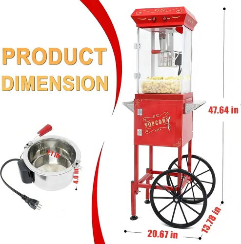 Vista 6 de Máquina de palomitas de maíz de 8 onzas con carrito y ruedas, máquina para hacer palomitas de maíz, estilo cine para el hogar, fiestas, Navidad, uso