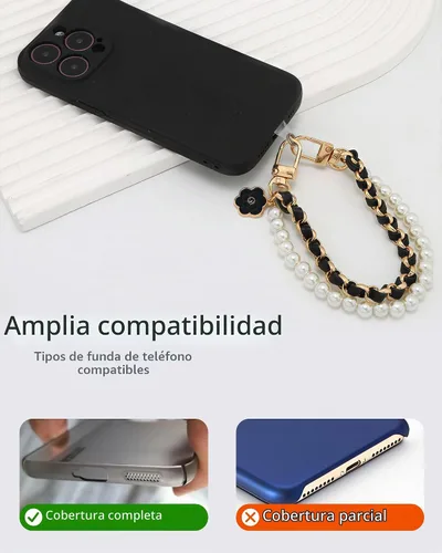 Vista 6 de Correa de muñeca para teléfono con cuentas de perlas, pulsera de teléfono desmontable con lengüeta de sujeción, pulsera universal con cuentas