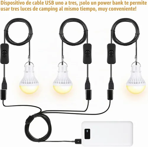 Vista 4 de Tuanse 3 bombillas LED USB, luces de campamento portátiles de 5 W con cable divisor USB de 1 a 3, cable de 8.2 pies de longitud extra para tienda