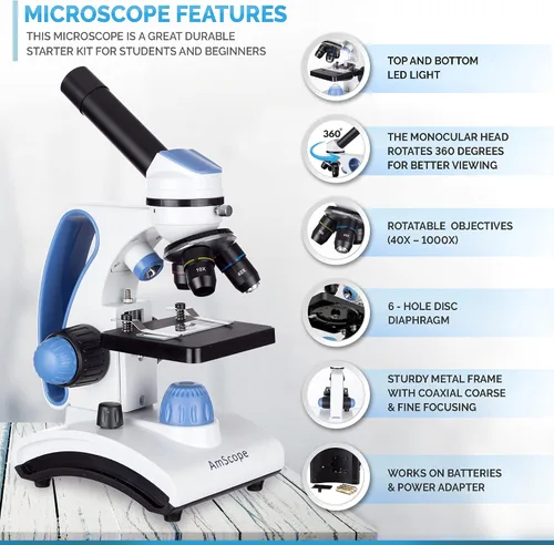 Vista 3 de AmScope M162C-2L-PB10-WM-SP14-50P100S 40X-1000X Kit de microscopio para principiantes para niños y estudiantes con kit completo de accesorios