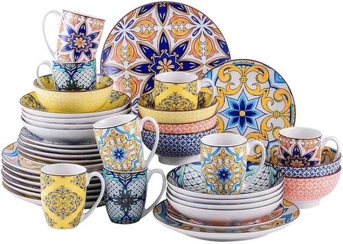 Vista 3 de Unknown1 Juego de vajilla de porcelana bohemia (servicio para 4), multicolor, floral, bohemio, moderno, contemporáneo, redondo, de gres de 16