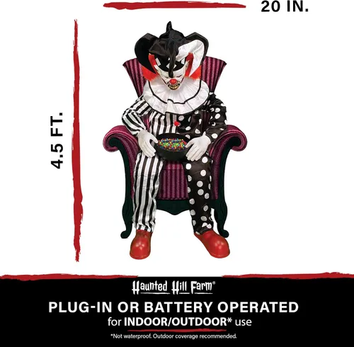 Vista 7 de Haunted Hill Farm Hartley The Sitting Scare Clown de Tekky, animatrónico de Halloween activado por movimiento para decoración de bromas de fiesta