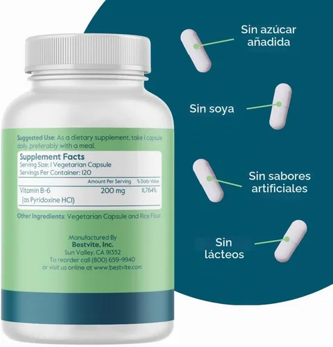 Vista 3 de BESTVITE Vitamina B-6 200 mg (120 cápsulas vegetales) - Sin estearatos