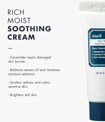 Vista 2 de DearKlairs Crema Rica Hidratante Calmante 20ml, Repara la Barrera de la Piel, Para Piel Sensible, Hipoalergénica, Centella Asiática, Ceremida