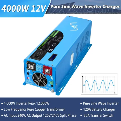 Vista 2 de Cargador inversor de 4000 W 12 V, pico de 12000 W, entrada de 240 VCA, salida de 120 V/240 Vac fase dividida, baja frecuencia, inversor de onda