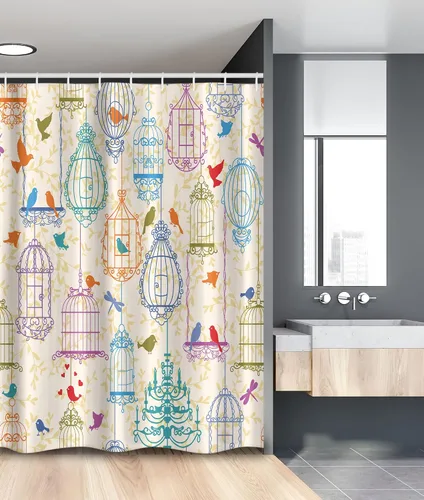 Vista 32 de set de cortina para baño decorativa de tela de poliéster con ganchos