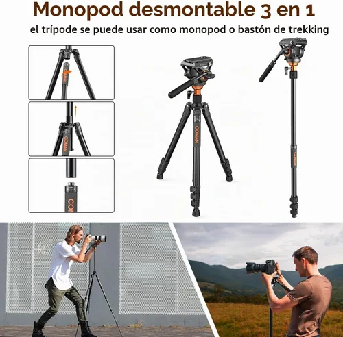 Vista 7 de COMAN Trípode de cámara de 73 pulgadas con cabezal fluido y cuenco de nivelación, carga útil de 22 libras, trípode monopie portátil de aluminio 2