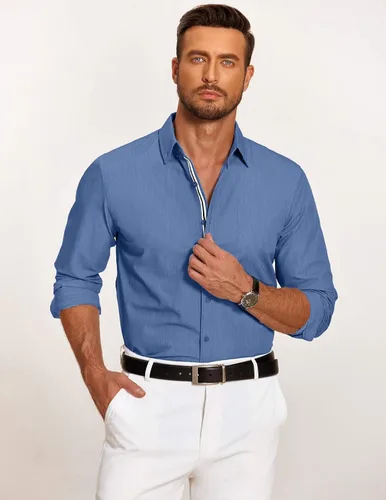 Vista 3 de COOFANDY Camisa casual con botones para hombre, camisa de vestir de mezclilla elástica de manga larga