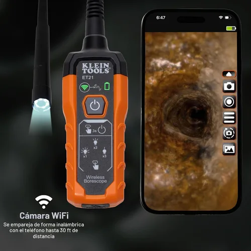 Vista 3 de Klein Tools ET21 Boroscopio WiFi con luz, cámara de inspección para iPhone y Android, cámara impermeable, IP67 clasificada, iluminación LED ajustable