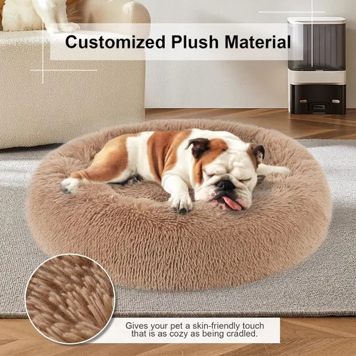 Vista 7 de Cama para perros, cama calmante para gatos, cama de felpa de piel sintética con forma de rosquilla para mascotas, cama redonda para perros y gatos