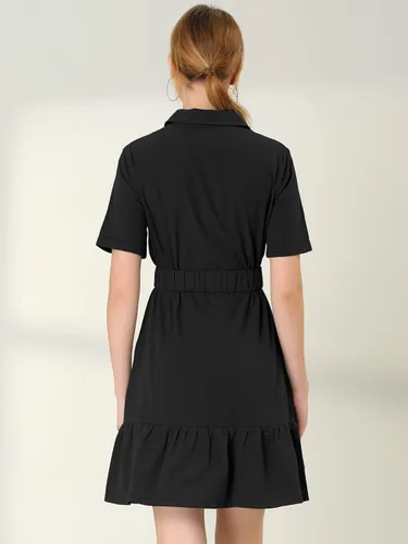Vista 4 de Allegra K Vestido tipo camisa con botones para mujer, casual, con dobladillo recto, con volantes y cinturón