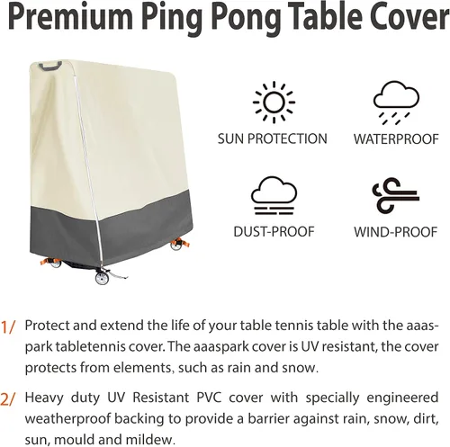 Vista 6 de Cubierta de mesa de ping pong impermeable para mesas de tenis de mesa plegables Diseño de dos tonos beige y gris con correas naranjas para un