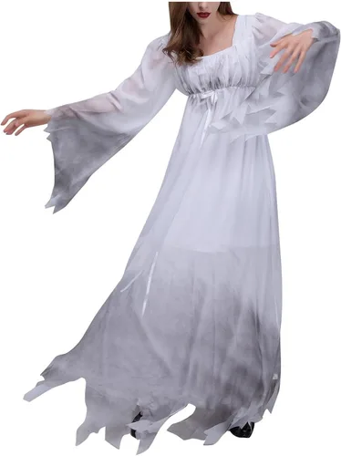 Vista 5 de Vestidos de novia fantasma para mujer, Halloween, cosplay, gótico, victoriano, blanco, vestido de novia de bruja de hadas, vestido de novia
