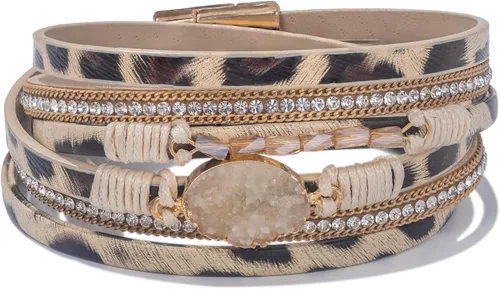 Vista 216 de FANCY SHINY - Pulsera de cuero estilo bohemio, pulsera de cuentas de cristal con cierre magnético, regalos de joyería para mujer