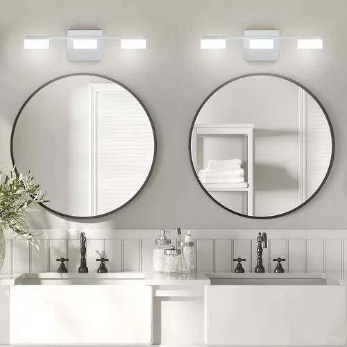 Vista 6 de Moderna lámpara LED de baño sobre el espejo, 3 luces regulables de tocador, lámpara de tocador de baño de acrílico cromado, ajustable de 2700 K-6500
