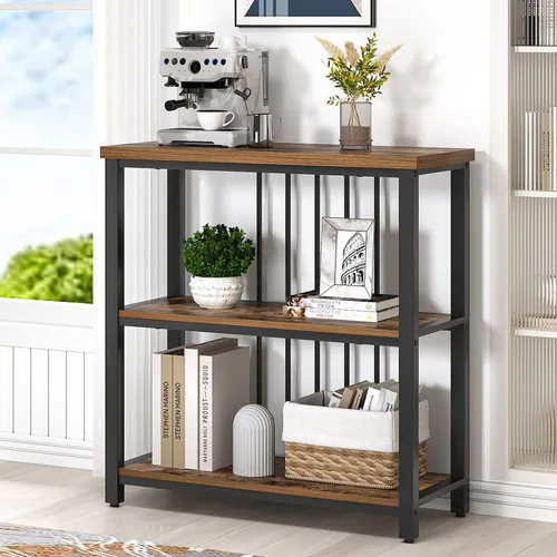 Vista 13 de FOLUBAN Estantería, Librero Moderno de 3 Niveles, Estantes de Libros de Madera y Metal para Sala de Estar, Oficina, Dormitorio, Roble Negro Rústico