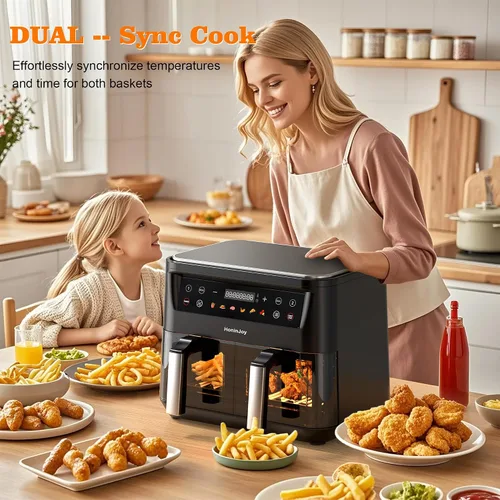 Vista 4 de SyncCook - Freidora de aire de doble cesta grande de 10 cuartos con ventana de visualización y 50 revestimientos de papel, 10 en 1 con pantalla